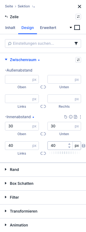 Gruppe Zwischenraum mit Innenabstand oben und unten 30 Pixel, links und rechts 40 Pixel