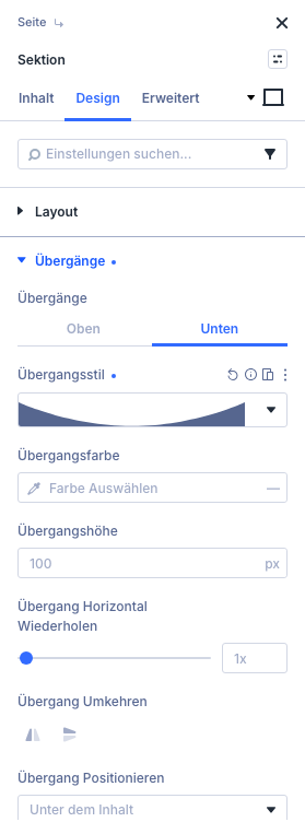 Gruppe Übergänge mit gewähltem Stil Kurve und den Feldern Farbe, Höhe, Wiederholen, Umkehren