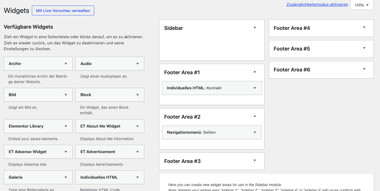 WordPress-Widgets-Bildschirm mit einem HTML-Widget in Footer Area 1 und einem Navigationsmenü in Footer Area 2