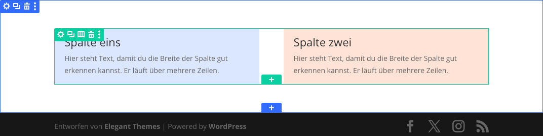 Grüne Hover-Leiste einer Zeile im Divi 5 Visual Builder mit Zahnrad, Duplizieren und Spaltensymbol