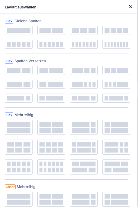 Fenster Layout auswählen in Divi 5 mit den Gruppen Gleiche Spalten, Spalten Versetzen und Mehrreihig