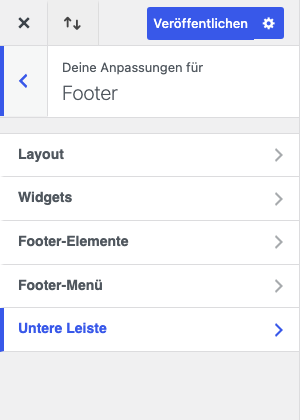 Divi Customizer mit den Untergruppen Layout, Widgets, Footer-Elemente, Footer-Menü und Untere Leiste im Bereich Footer