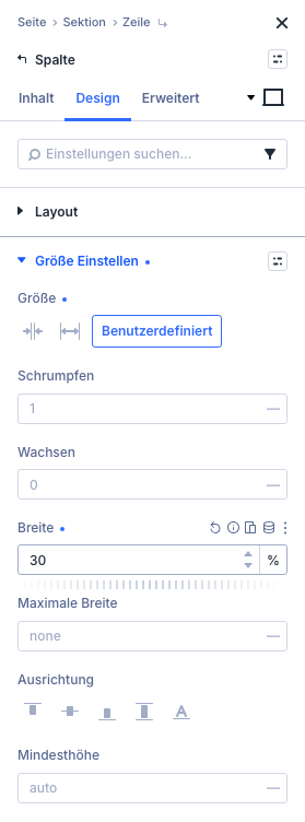 Einstellungsfeld Spalte in Divi 5, Gruppe Größe Einstellen, Benutzerdefiniert mit Breite 30 Prozent