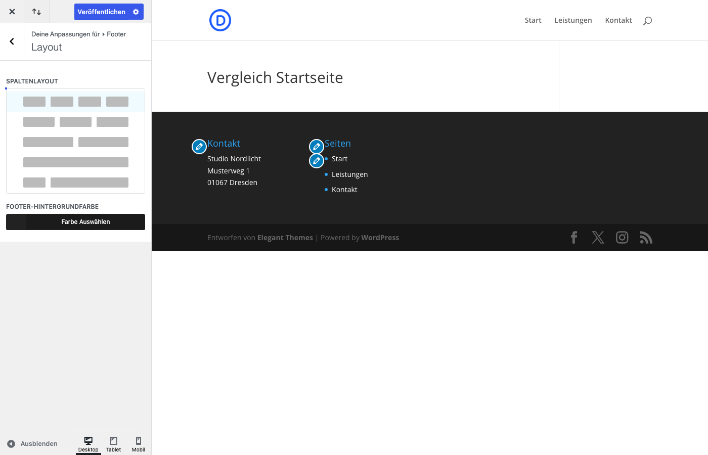 Auswahlliste Spaltenlayout im Divi Customizer mit Footer-Vorschau