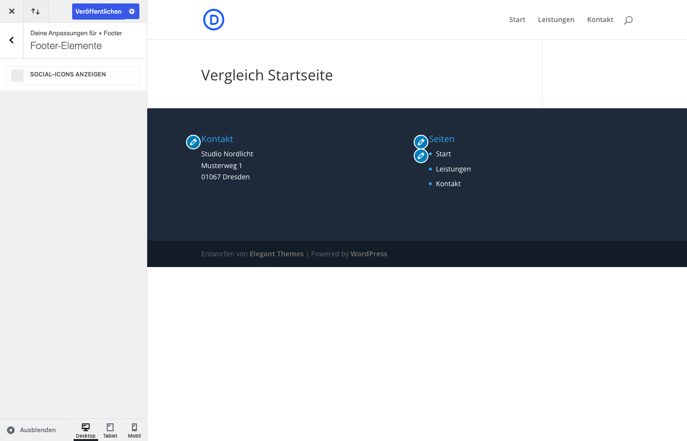 Divi Customizer: Schalter Social-Icons anzeigen ausgeschaltet, Footer-Vorschau ohne Icons
