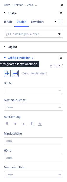 Einstellungsfeld der zweiten Spalte mit gewählter Option Auf verfügbaren Platz wachsen