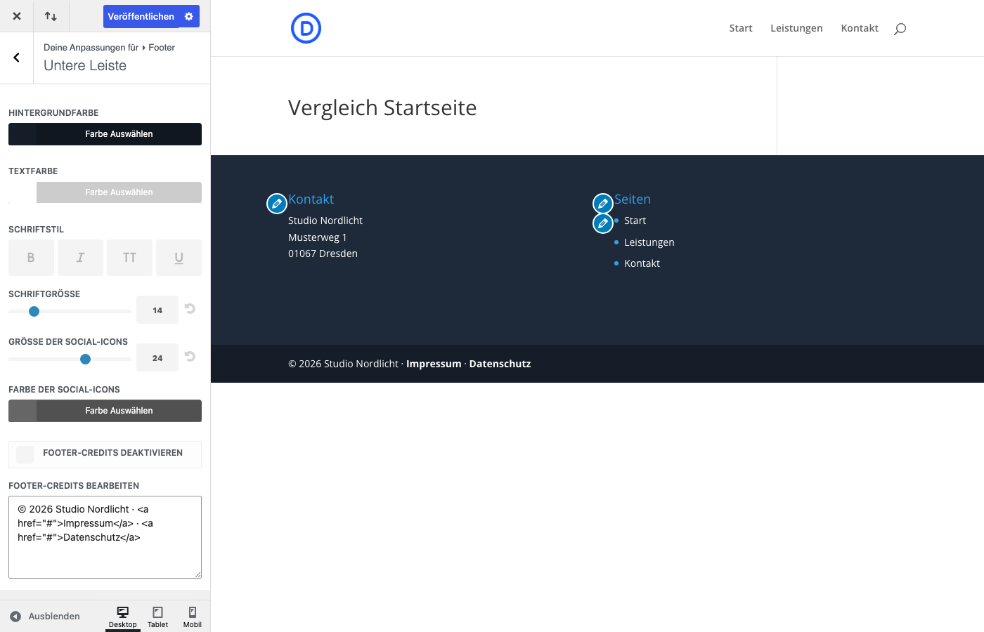 Einstellungen der Unteren Leiste im Divi Customizer mit eigener Copyright-Zeile