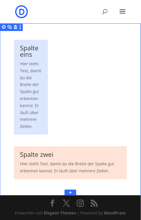 Handy-Ansicht im Divi Builder: obere Spalte schmal, untere Spalte in voller Breite