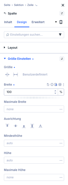 Einstellungsfeld der Spalte in der Telefon-Ansicht mit Breite 100 Prozent