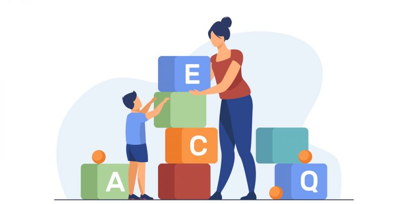 Mom and little son studying letters. Woman and kid playing toy blocks flat vector illustration. Preschool education, learning concept for banner, website design or landing web page