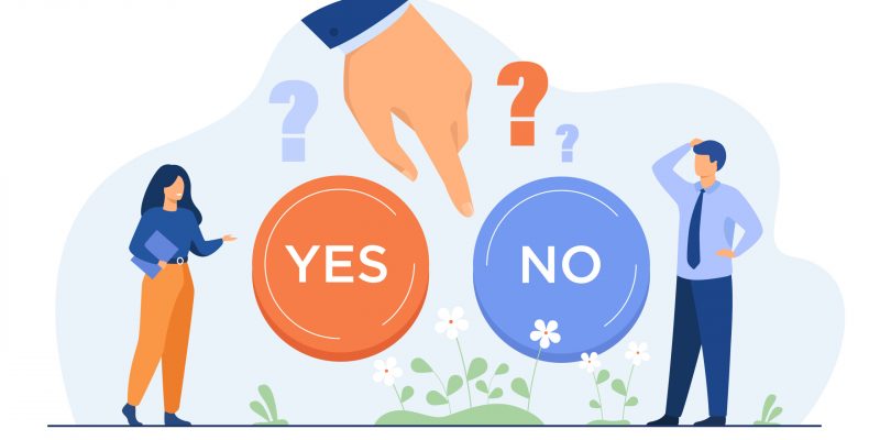 Thoughtful people making difficult choice between two options isolated flat vector illustration. Cartoon hand ready for pushing button. Dilemma, decision and opportunities concept