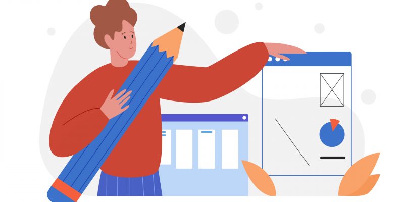 People working on app web development vector illustration. Cartoon man developer character holding big pencil in hand to develop and work with graphic interface, website application isolated on white