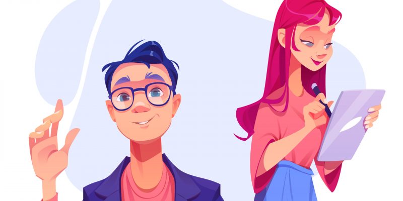 Programmer and graphic designer characters create website. Man with laptop and woman with tablet develop web content or user interface. Software or app design and programming, Cartoon vector concept